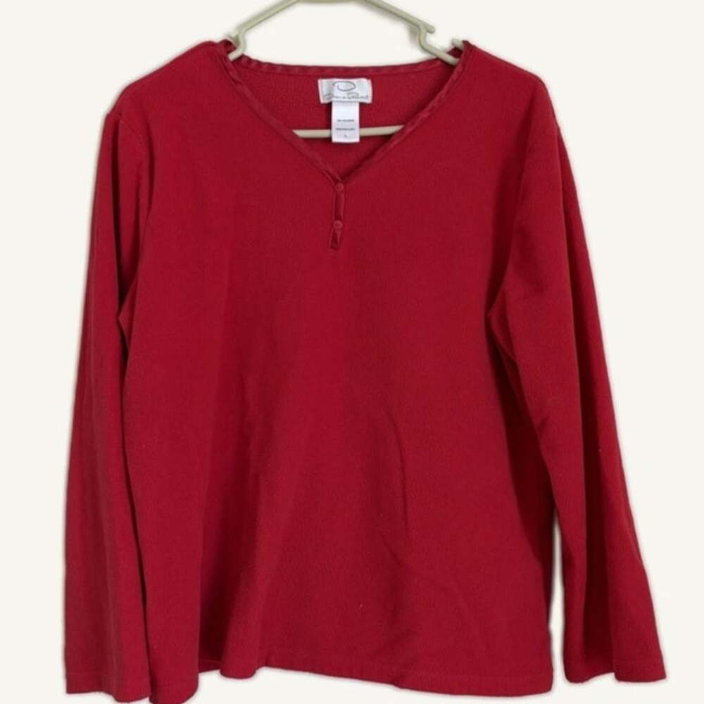 Oscar de la Renta Red Fleece V-Neck Long Sleeve Sleep Top L Women Pajama